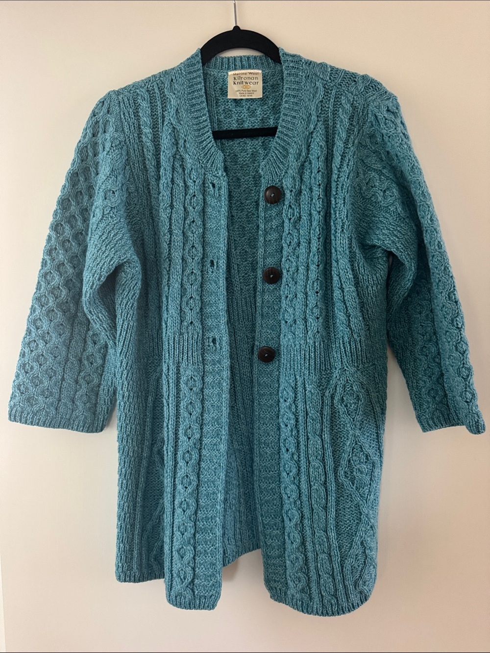 Cable Knit Button-Front Cardigan Sweater in Teal